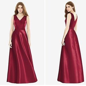 ALFRED SUNG Sleeveless A-Line Satin V-Neck Burgundy Maxi Dress With Pockets NWT